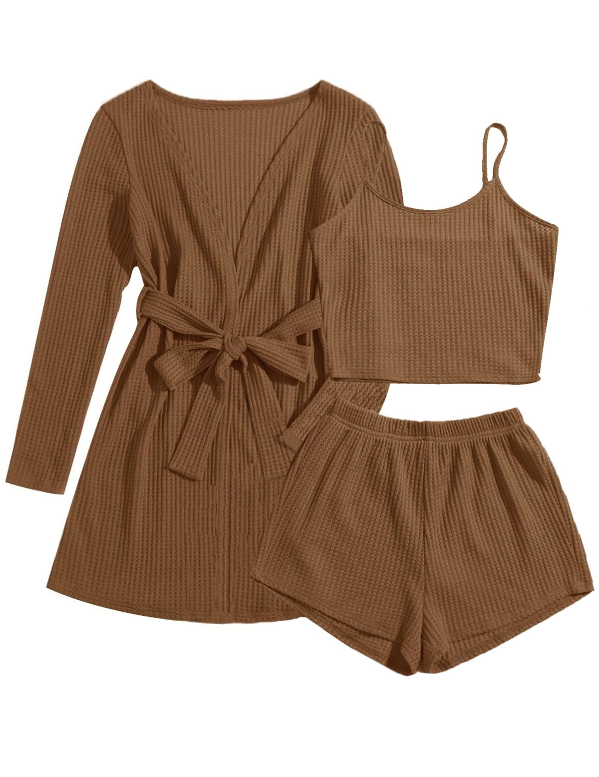 Ekouaer Womens 3 Piece Waffle Knit Lounge Set Soft Pajama Sets Tank Top and Shorts Cardigan with Pockets S-XXL