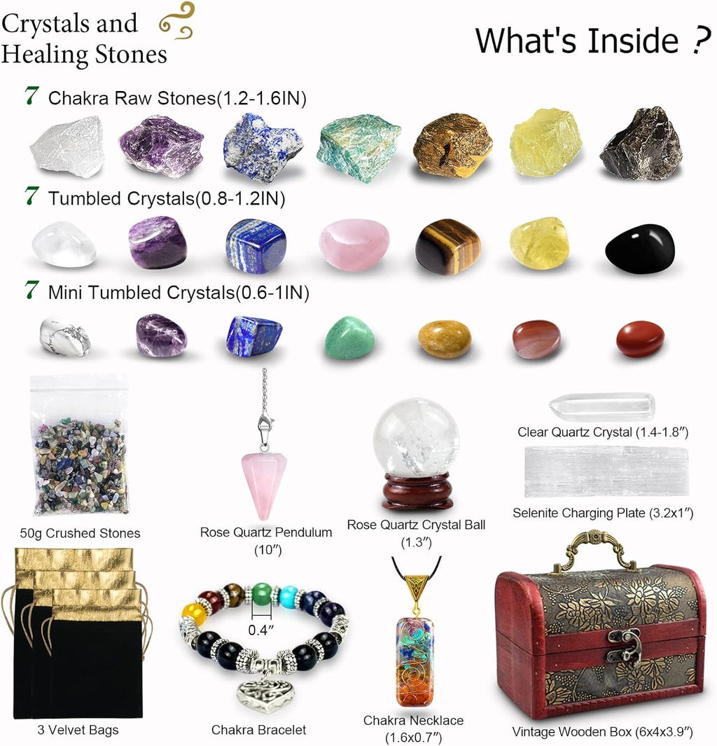 Healing Crystals Set, 28 Pcs Crystals and Healing Stones 7 Chakra Kits Obsidian Real Spiritual Protection Natural Reiki Energy Meditation Crystals for Beginners Wooden Box, Crystal Gifts for Women