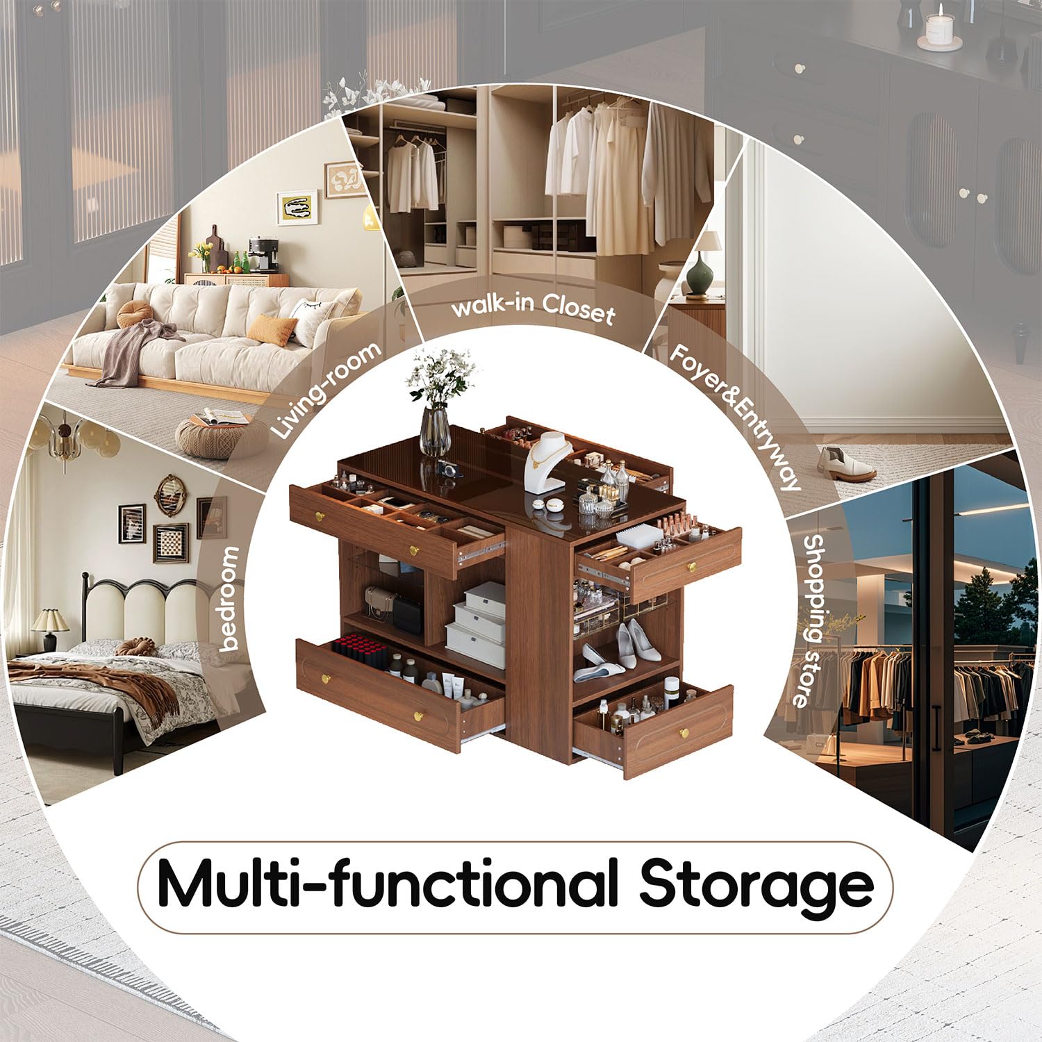 Closet Island with Glass Top and 6 Drawers, Walnut & White Bedroom Storage Island with Open Shelves, Walk-in Wardrobe Dresser Cabinet for Closet, Fitting Room, or Retail Display,White
