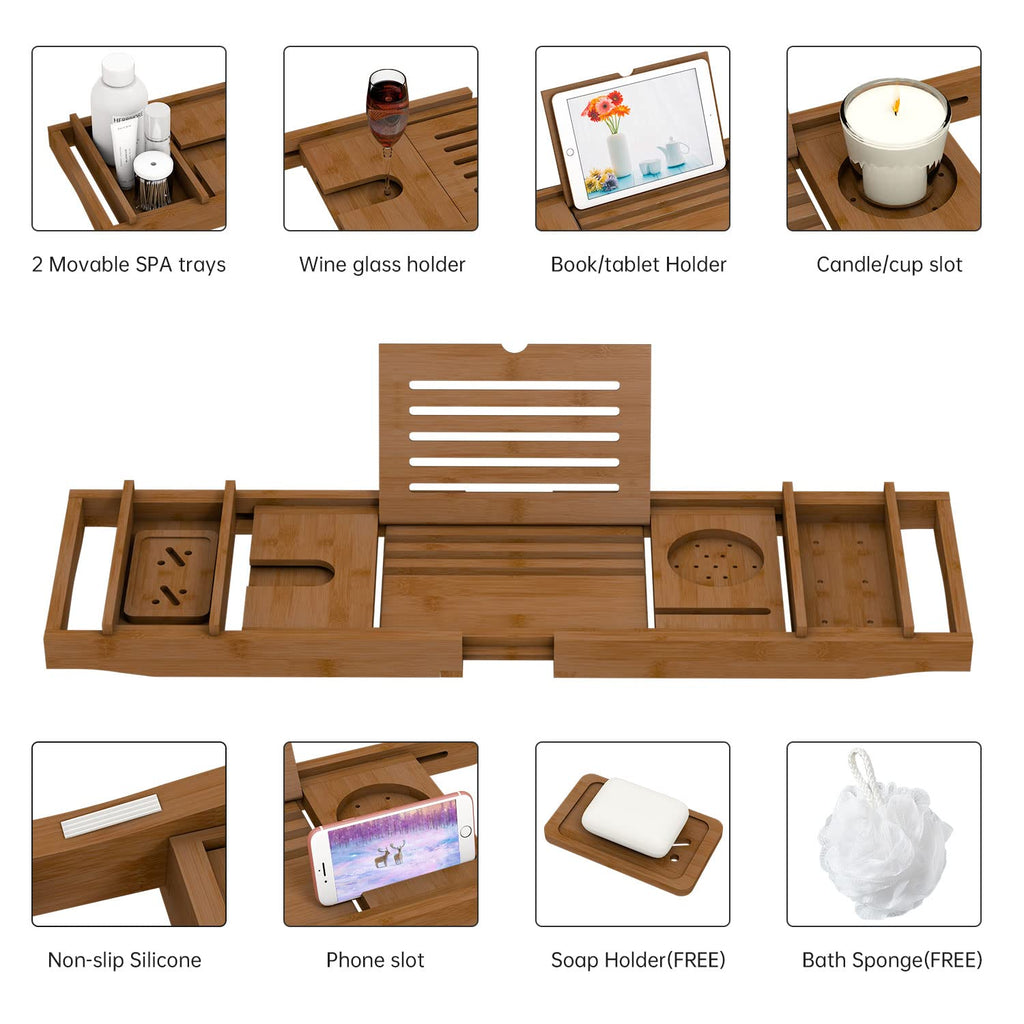 Zhuoyue Bamboo Bathtub Tray, Expandable Premium Bath Tray for Luxury Bathroom, Adjustable Bath Accessories for Tub with Soap Towel Book Holder, Extendable 29.5-43.3" White
