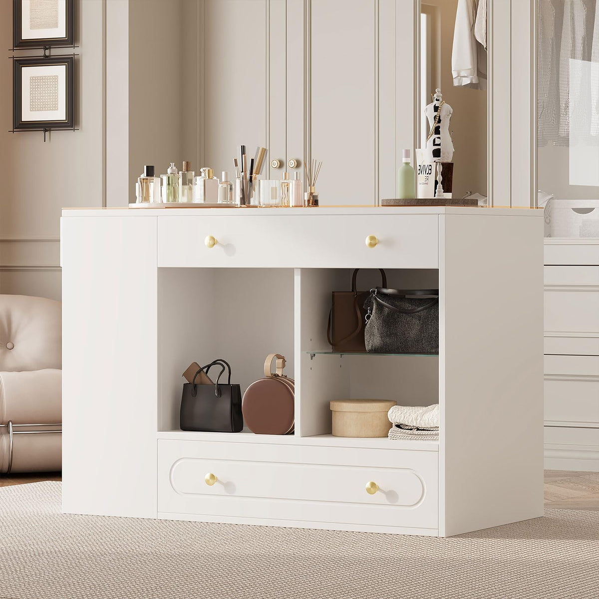 Closet Island with Glass Top and 6 Drawers, Walnut & White Bedroom Storage Island with Open Shelves, Walk-in Wardrobe Dresser Cabinet for Closet, Fitting Room, or Retail Display,White