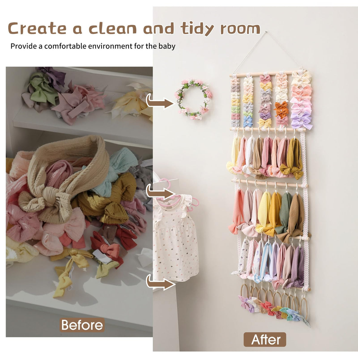 POVETIRE Headband Holder Hair Bows Organizer for Girls, Baby Headbands Hair Accessories Organizer Storage Wall Hanging Decor for Toddler Girls Room