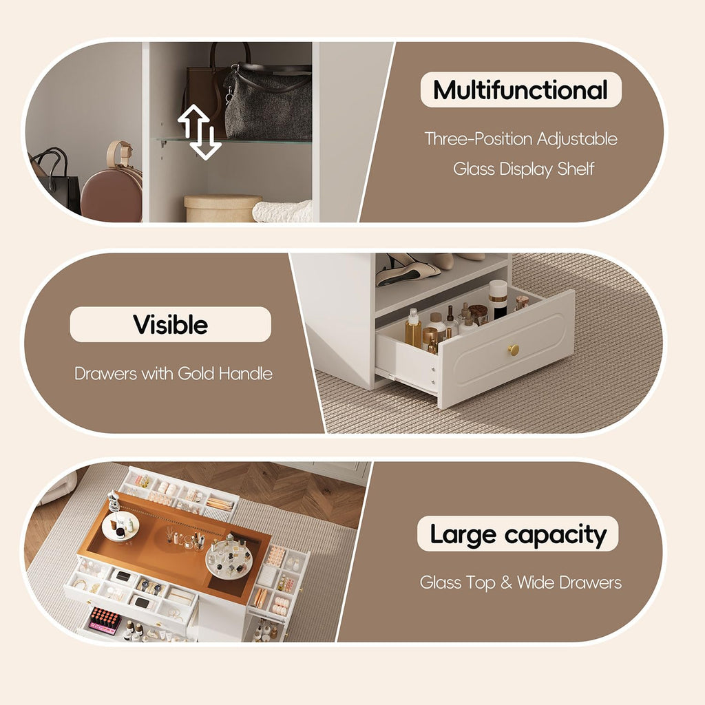 Closet Island with Glass Top and 6 Drawers, Walnut & White Bedroom Storage Island with Open Shelves, Walk-in Wardrobe Dresser Cabinet for Closet, Fitting Room, or Retail Display,White