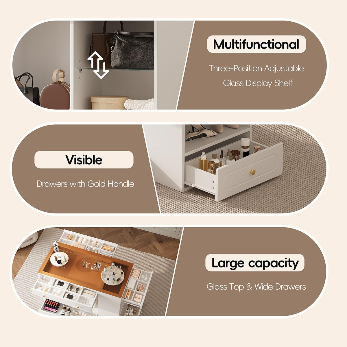 Closet Island with Glass Top and 6 Drawers, Walnut & White Bedroom Storage Island with Open Shelves, Walk-in Wardrobe Dresser Cabinet for Closet, Fitting Room, or Retail Display,White