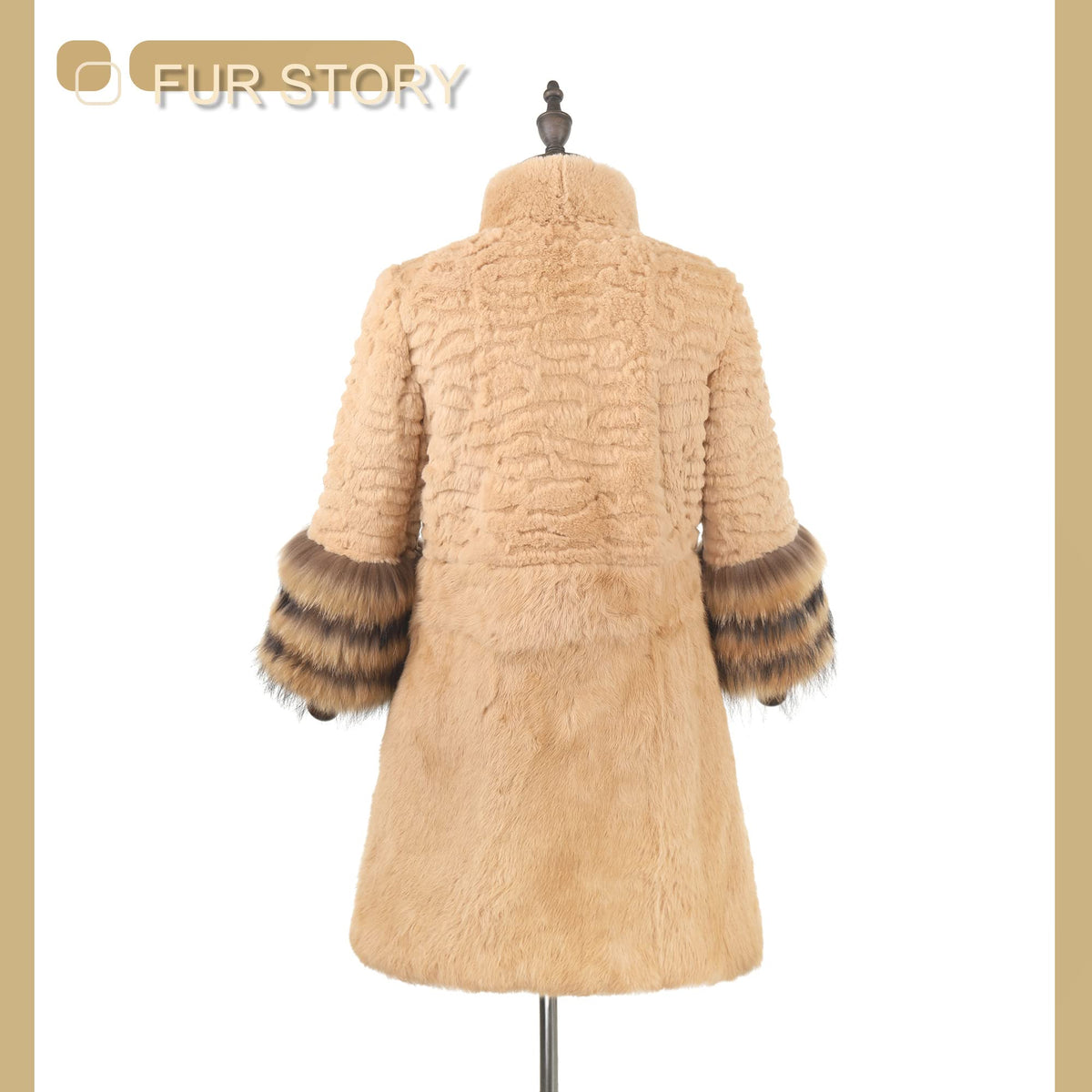 Fur Story Women's Genuine Rabbit Fur Coat With Fox Fur Cuffs Warm Winter Coat Black Long Jacket