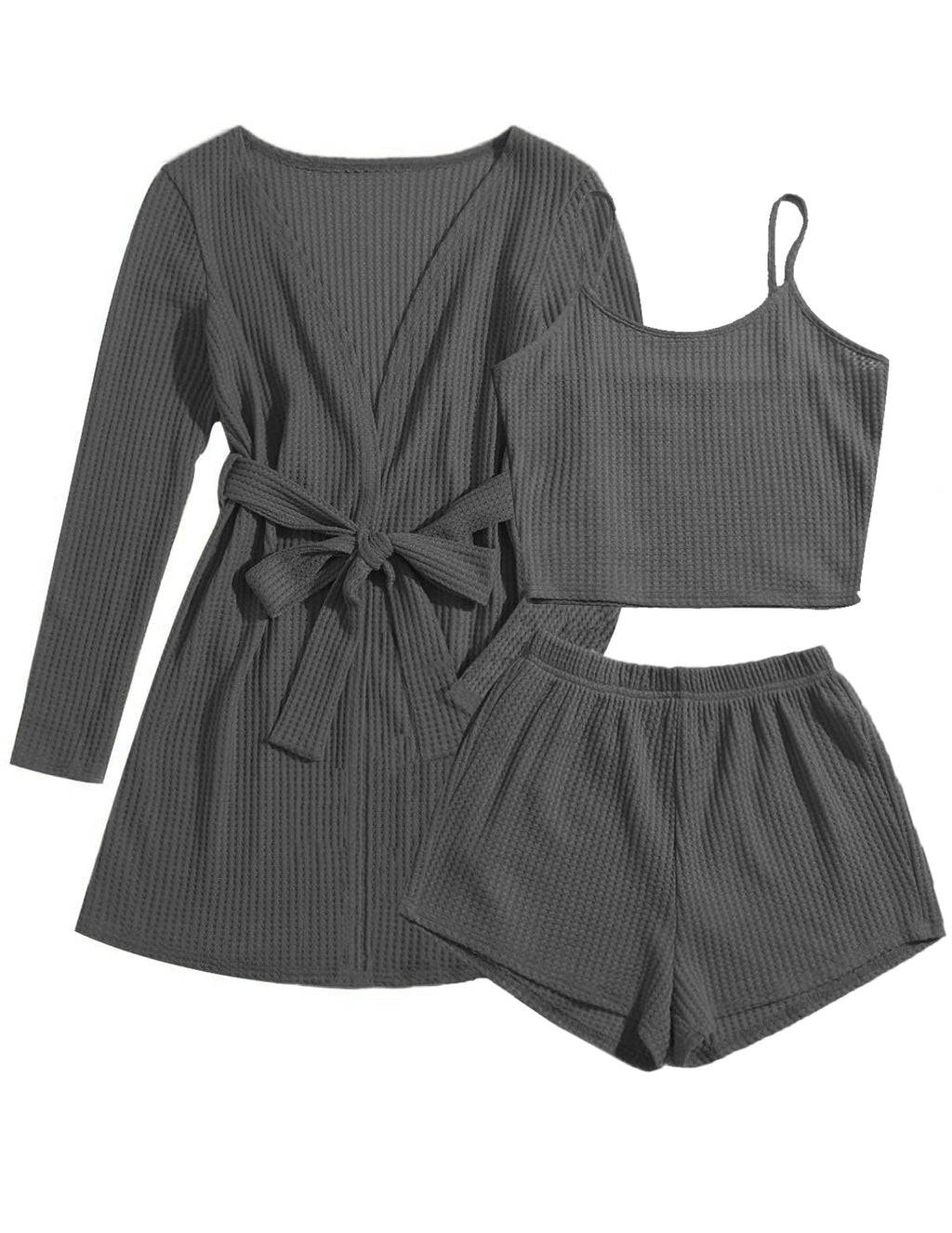 Ekouaer Womens 3 Piece Waffle Knit Lounge Set Soft Pajama Sets Tank Top and Shorts Cardigan with Pockets S-XXL