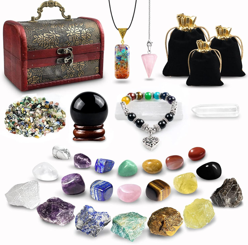 Healing Crystals Set, 28 Pcs Crystals and Healing Stones 7 Chakra Kits Obsidian Real Spiritual Protection Natural Reiki Energy Meditation Crystals for Beginners Wooden Box, Crystal Gifts for Women