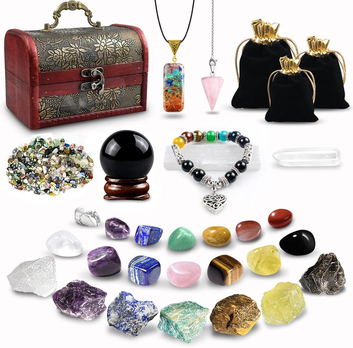 Healing Crystals Set, 28 Pcs Crystals and Healing Stones 7 Chakra Kits Obsidian Real Spiritual Protection Natural Reiki Energy Meditation Crystals for Beginners Wooden Box, Crystal Gifts for Women