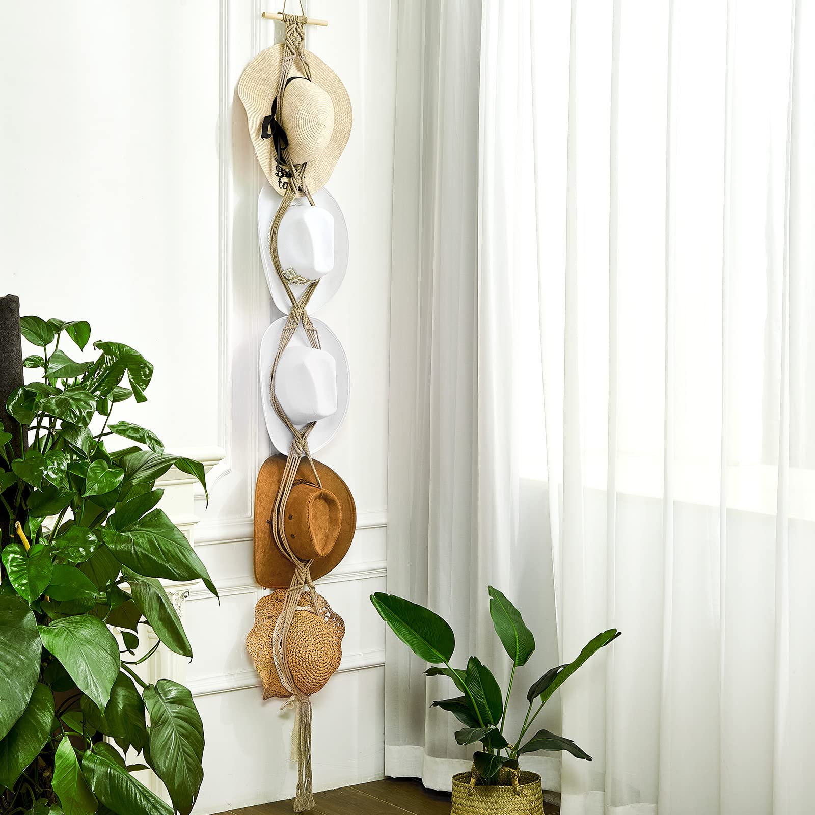 Yulejo Macrame Hat Hangers Boho Hat Rack for Wall Western Cowboy Hanging Organizer for Door Wall Room Bedroom