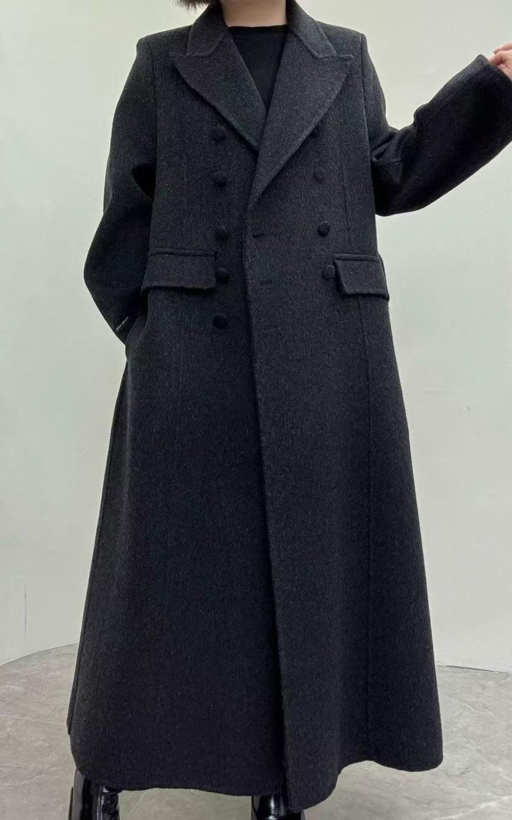 CHARTOU Women Long Winter Wool Pea Coat Lapel Double Breasted Trench Over Coat with Belt