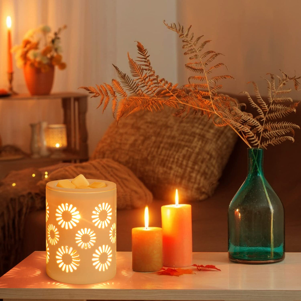 SALKING Ceramic Wax Melt Warmer, Electric Wax Warmer for Scented Wax, Candle Warmer Oil Burner with Edison Bulbs, Sunflower Fragrance Warmer Wax Cubes for Home, Bedroom, Birthday Gifts for Women