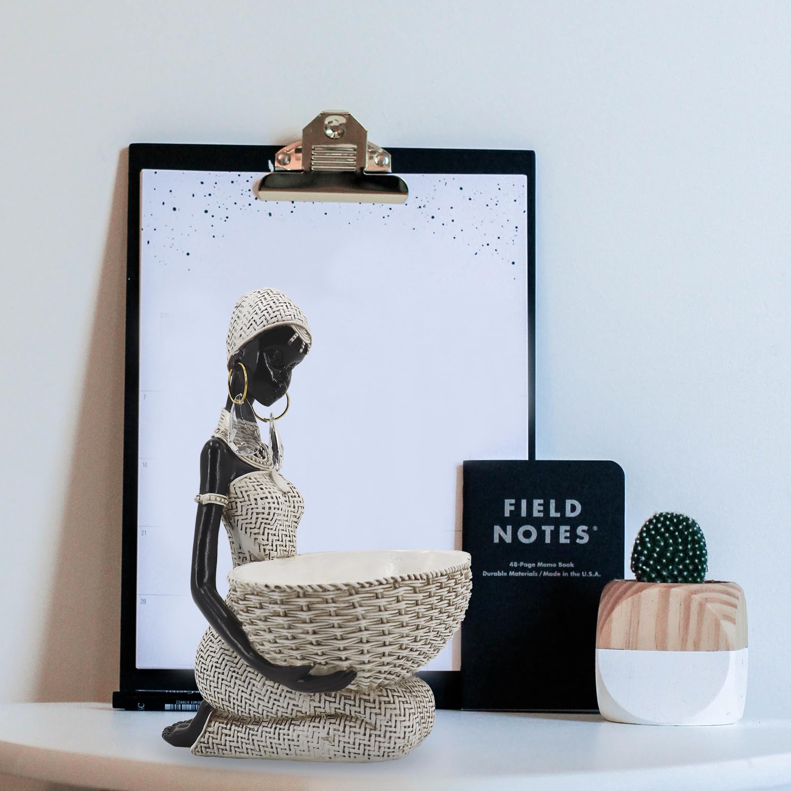 Handmade African Tribal Woman Sculpture - Gold Adorned Seated Figure with Basket, Vintage Resin Statue for Home Decor, Unique Housewarming Gift for Shelf/Table (9.65" H)