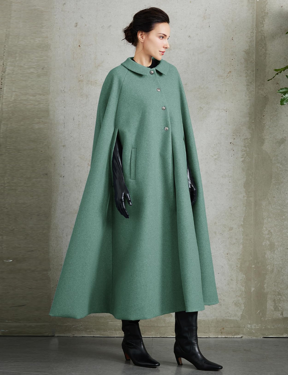 Women Wool Blend Single-Breasted Cape Coat Vintage Jacket Outwear with Pockets for Fall Winter