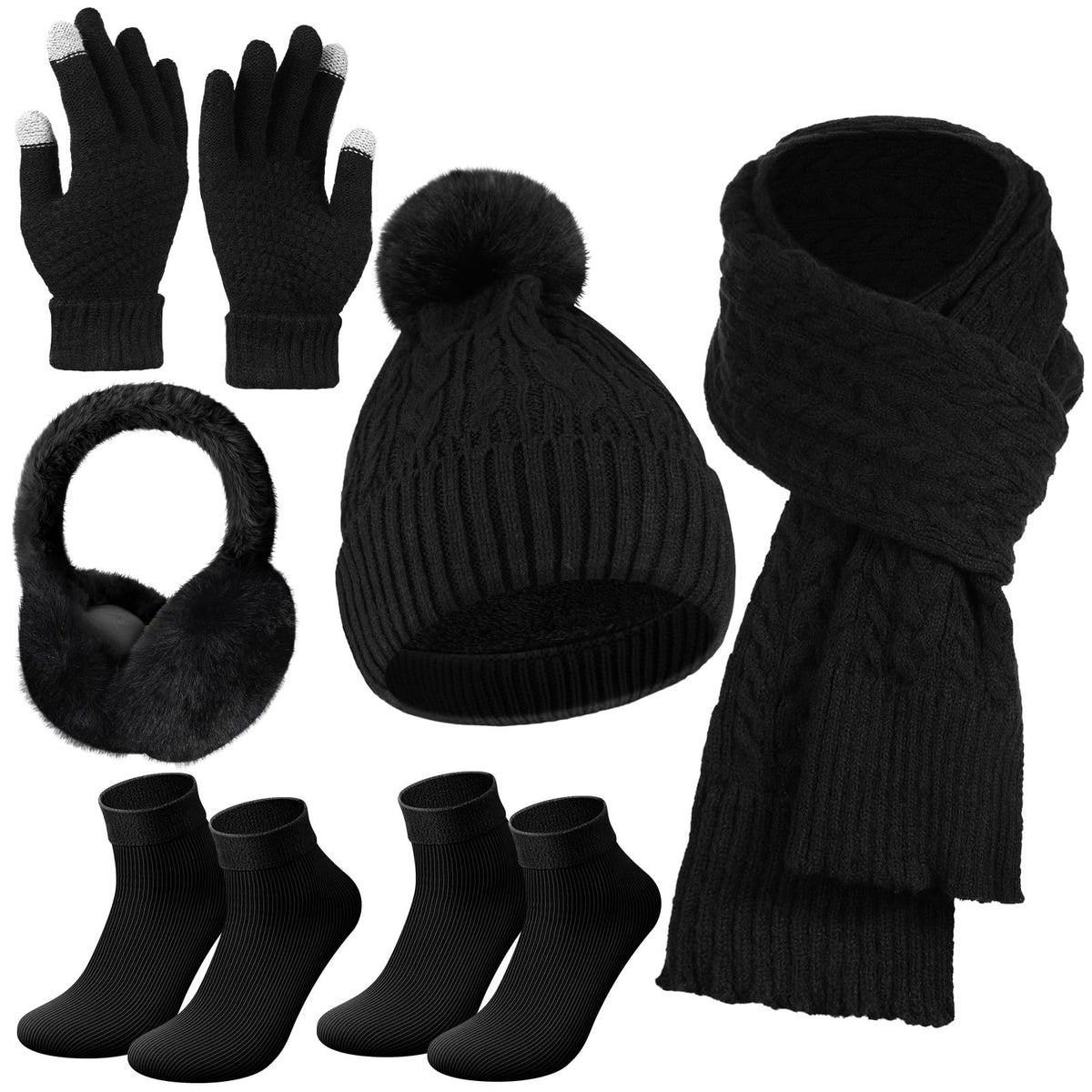 Geyoga 6 Pcs Winter Warm Set for Women Warm Beanies Hats Touchscreen Gloves Long Scarf Ear Muffs Socks Winter Gifts for Women