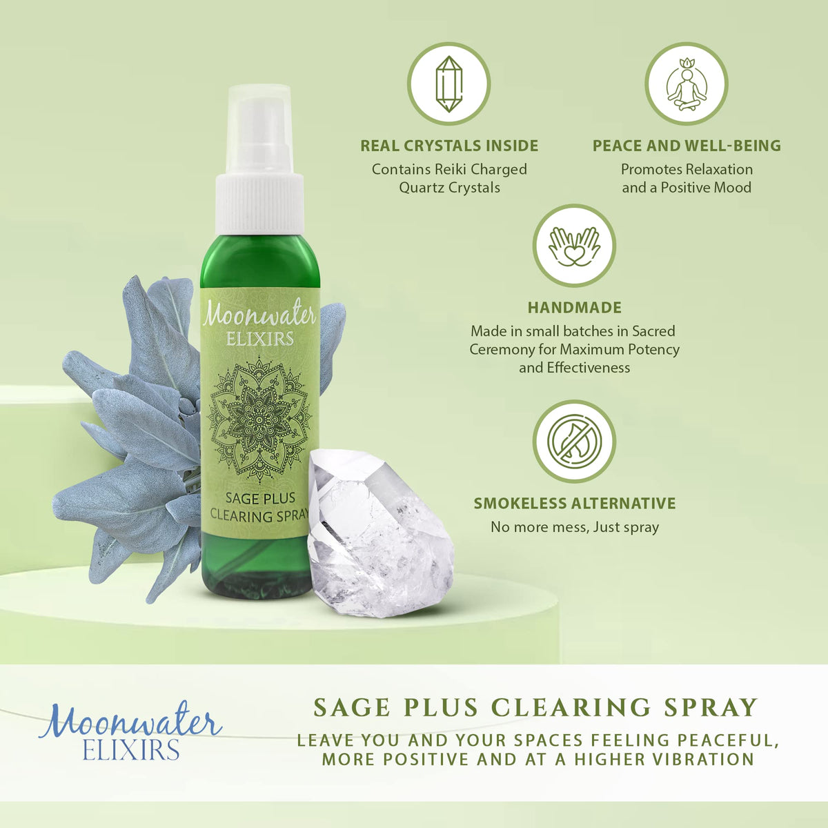 White Sage Smudge Spray for Spiritual Cleansing & Aura Protection, Sage Mist for Cleansing Negative Energy & Protection, Home & Meditation, Clear Quartz Reiki Energized Aromatherapy Room Spray - 4oz