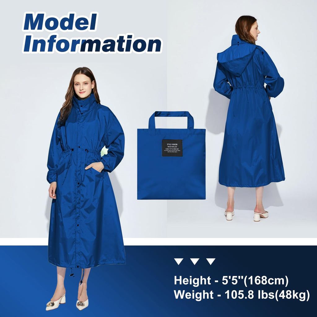 LAMA Womens Long Raincoats Rain Jacket Waterproof Packable Hooded Windbreaker Lightweight Adjustable Waist for Outdoor