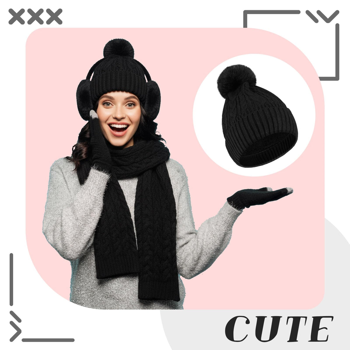 Geyoga 6 Pcs Winter Warm Set for Women Warm Beanies Hats Touchscreen Gloves Long Scarf Ear Muffs Socks Winter Gifts for Women