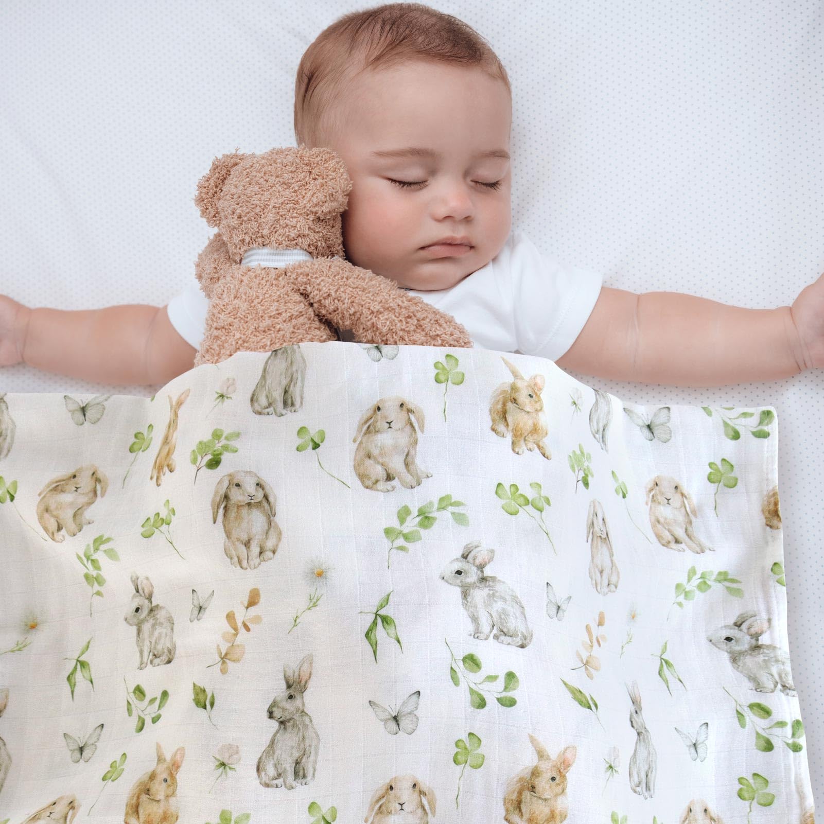 LifeTree Muslin Swaddle Blankets, Baby Swaddling Wrap Nursery Blanket Unisex, Soft 70% Viscose from Bamboo and 30% Cotton, Large 47 x 47 inches, Bear & Checkered Swaddle Blanket