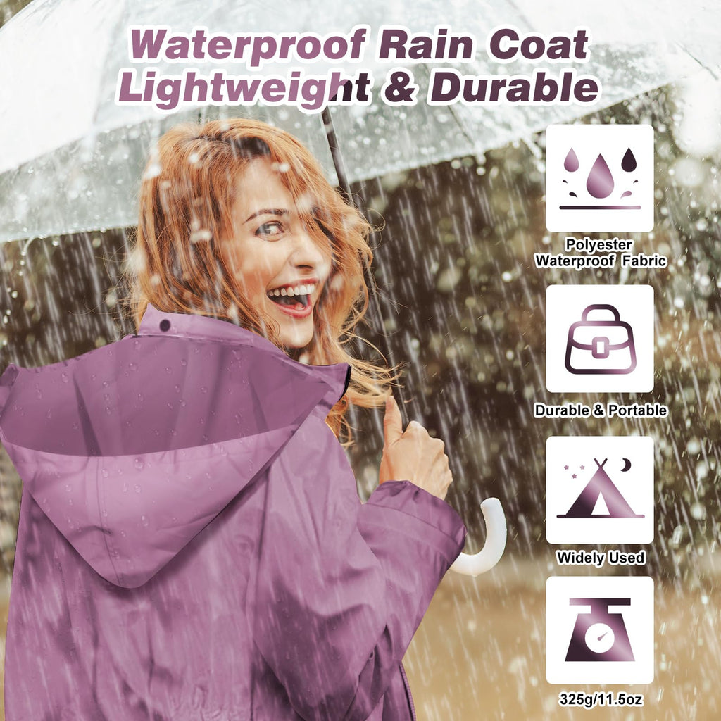 LAMA Womens Long Raincoats Rain Jacket Waterproof Packable Hooded Windbreaker Lightweight Adjustable Waist for Outdoor