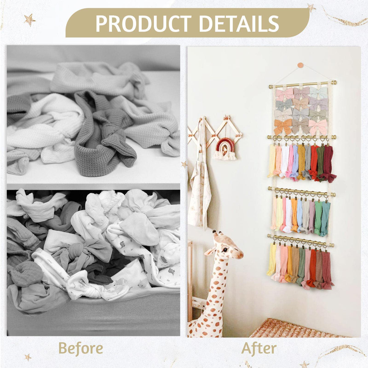 POVETIRE Headband Holder Hair Bows Organizer for Girls, Baby Headbands Hair Accessories Organizer Storage Wall Hanging Decor for Toddler Girls Room