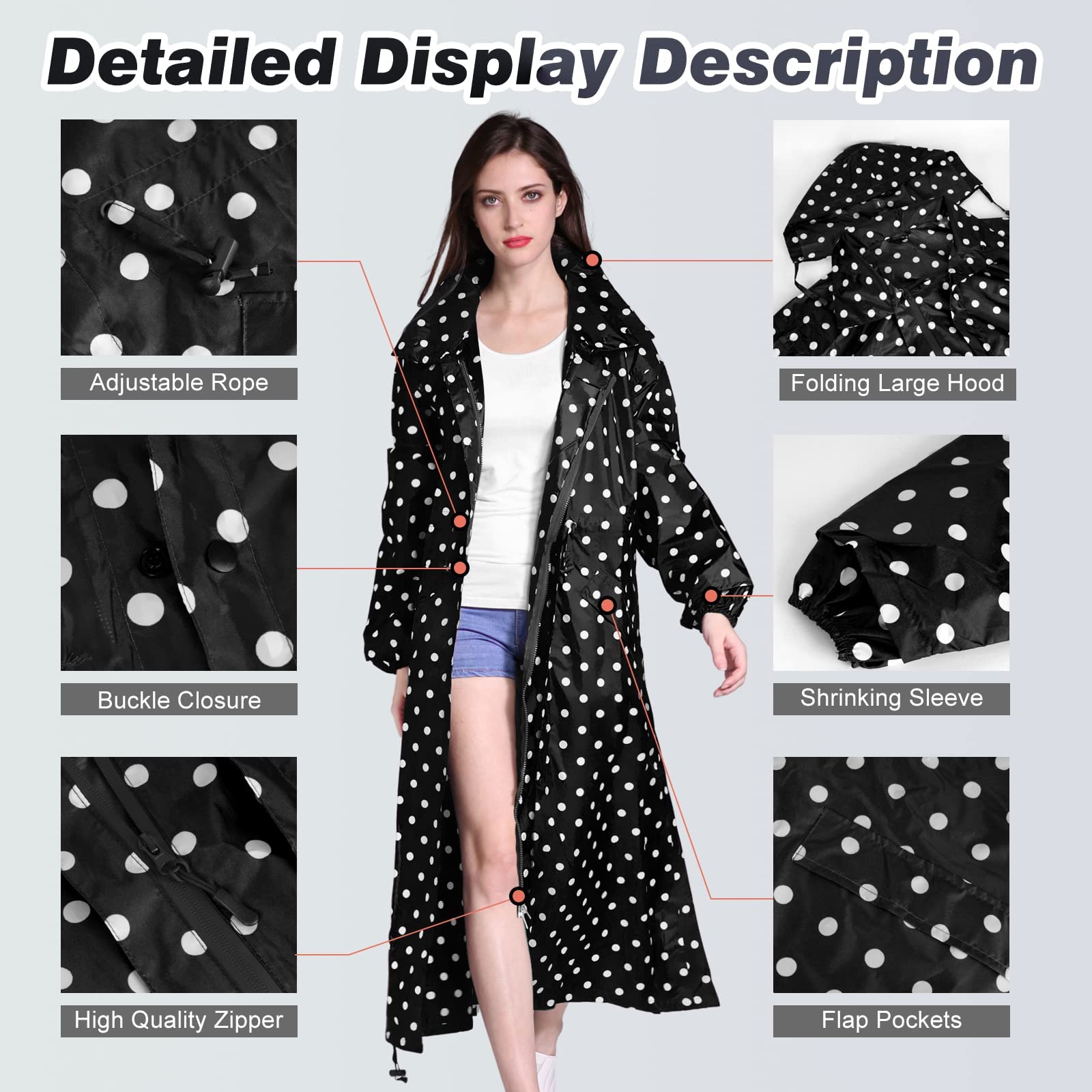 LAMA Womens Long Raincoats Rain Jacket Waterproof Packable Hooded Windbreaker Lightweight Adjustable Waist for Outdoor
