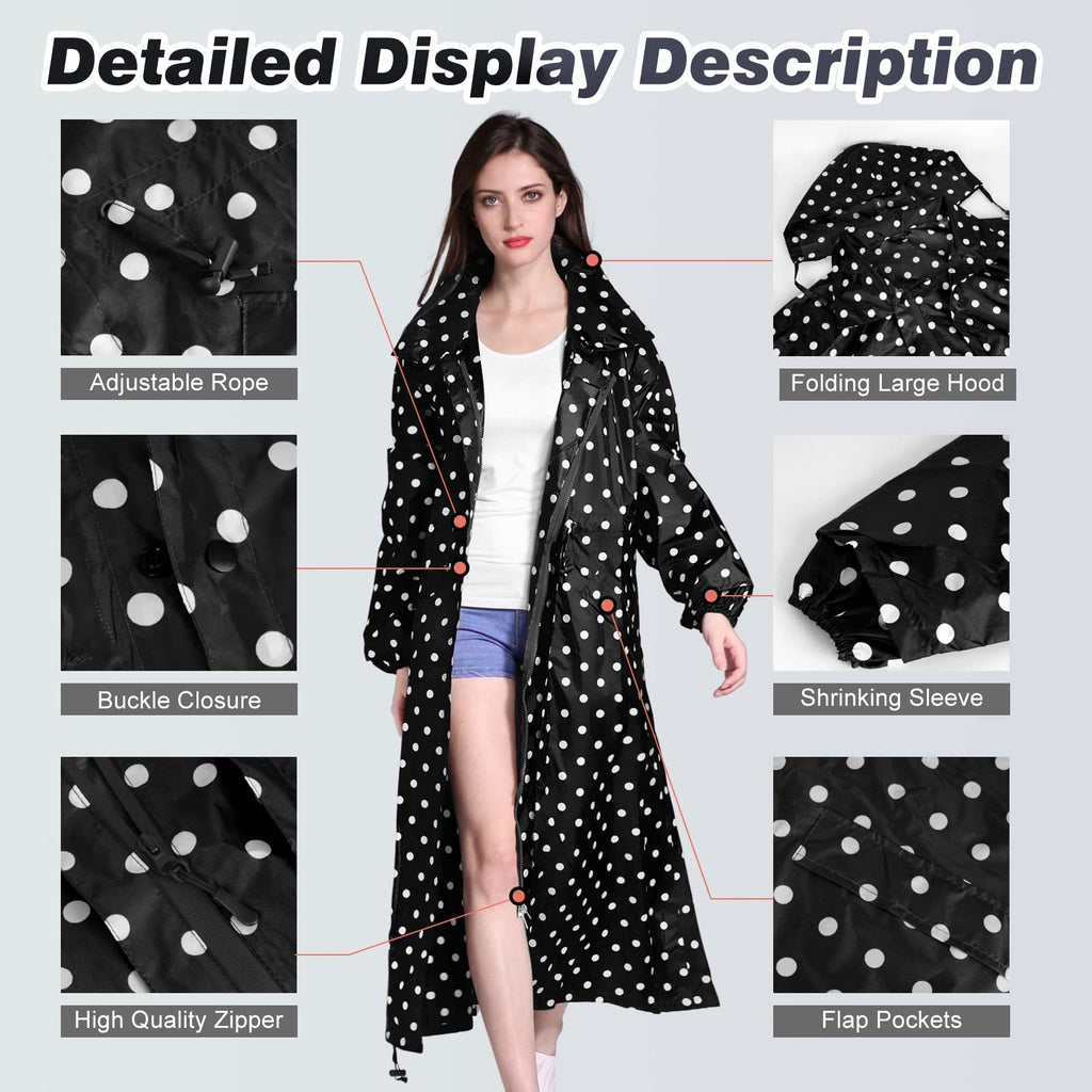 LAMA Womens Long Raincoats Rain Jacket Waterproof Packable Hooded Windbreaker Lightweight Adjustable Waist for Outdoor