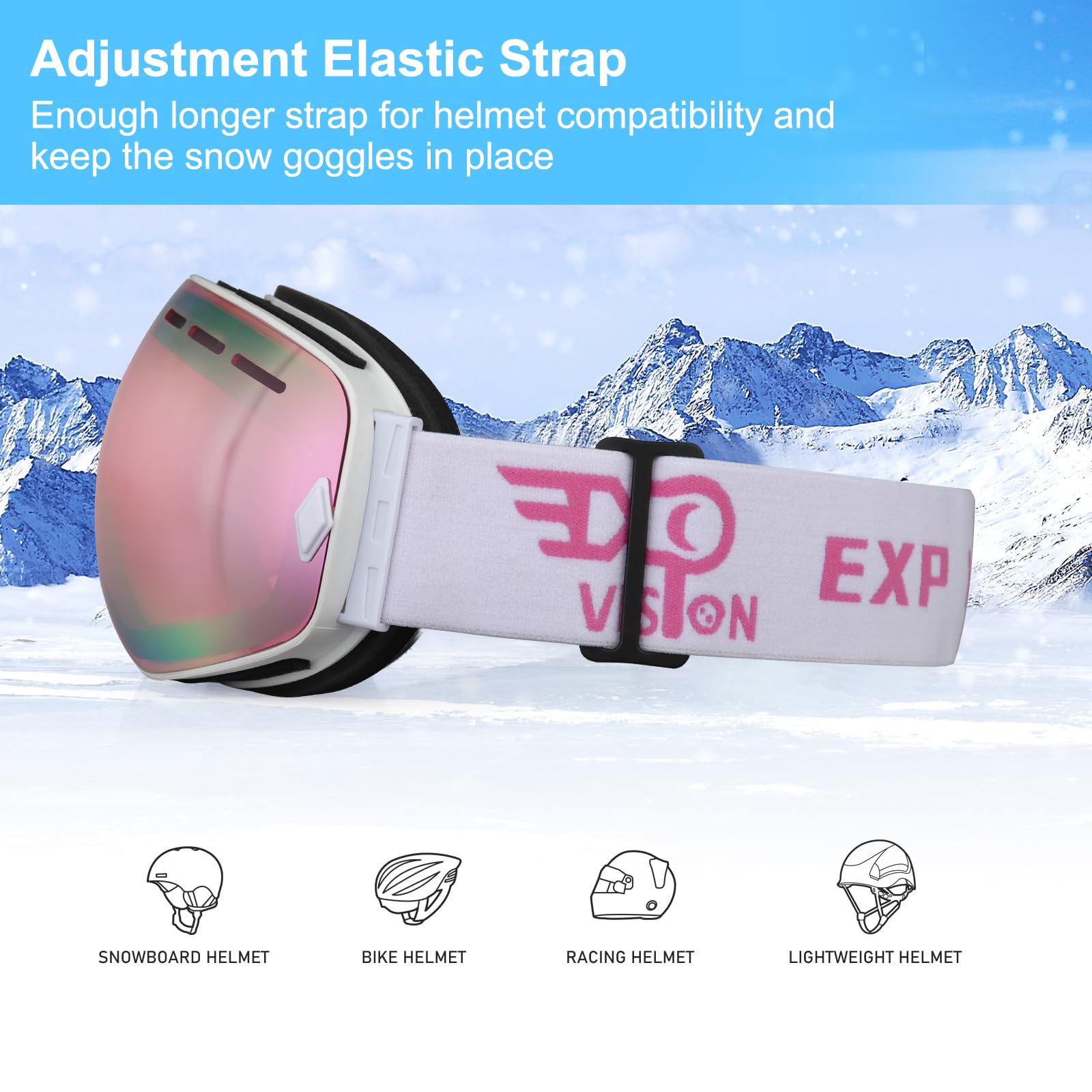 EXP VISION Snowboard Ski Goggles Men Women Youth, Anti Fog OTG Winter Snow Goggles Spherical Detachable Lens