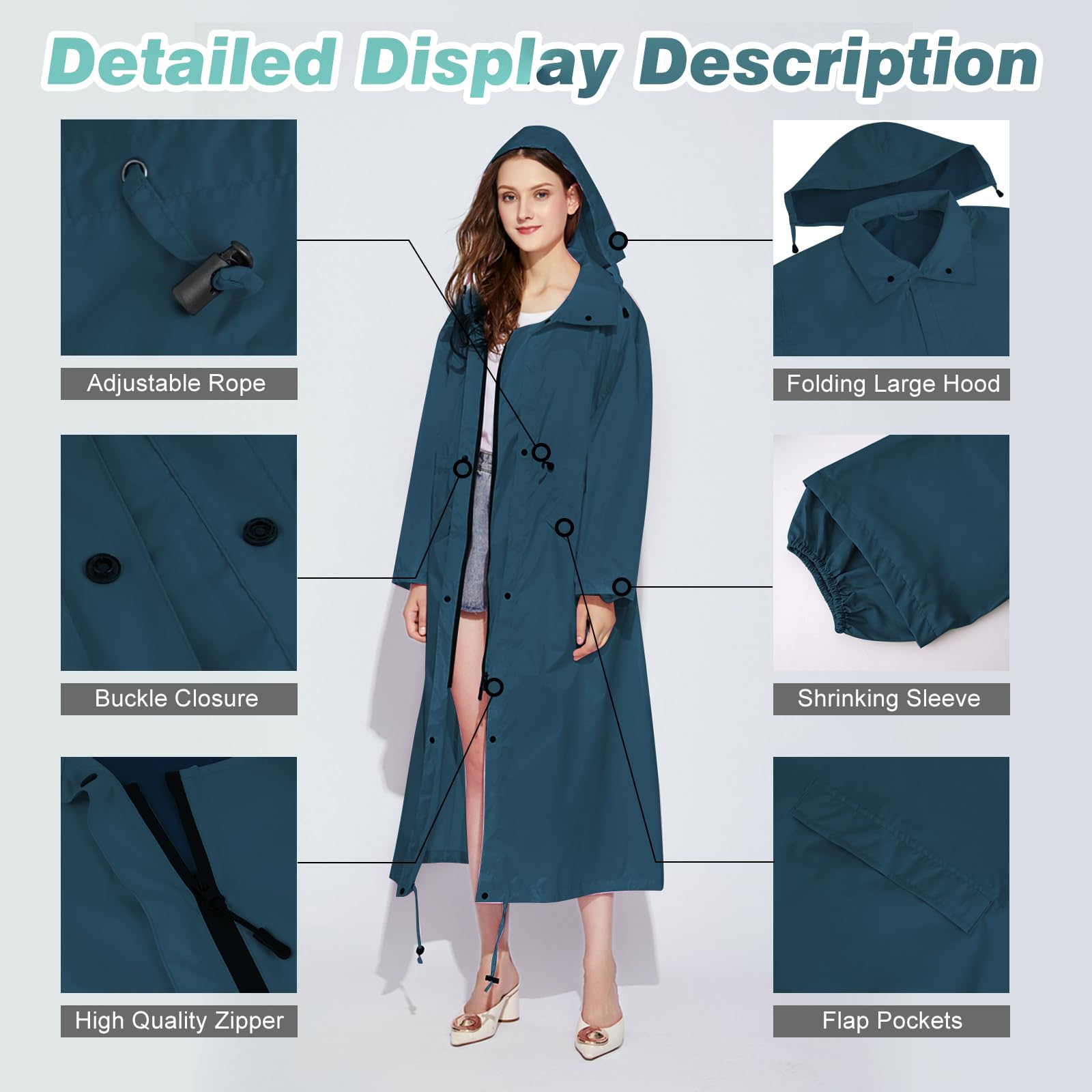 LAMA Womens Long Raincoats Rain Jacket Waterproof Packable Hooded Windbreaker Lightweight Adjustable Waist for Outdoor