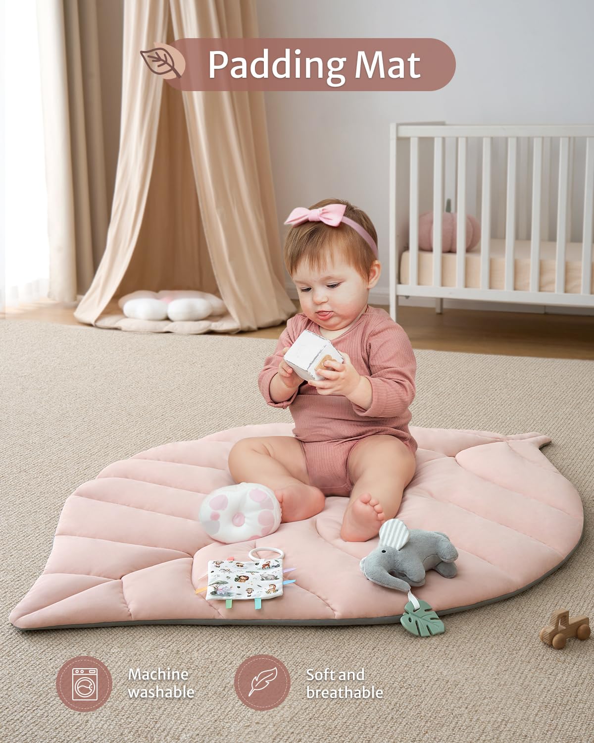 Blissful Diary Baby Play Gym & Activity Mat, Oversize Leaf Shaped Baby Play Mat w 6 Detachable Toys, Tummy Time Mat Promote Motor Skills & Sensory Development Mat, Newborn Infant Baby Essentials Gift