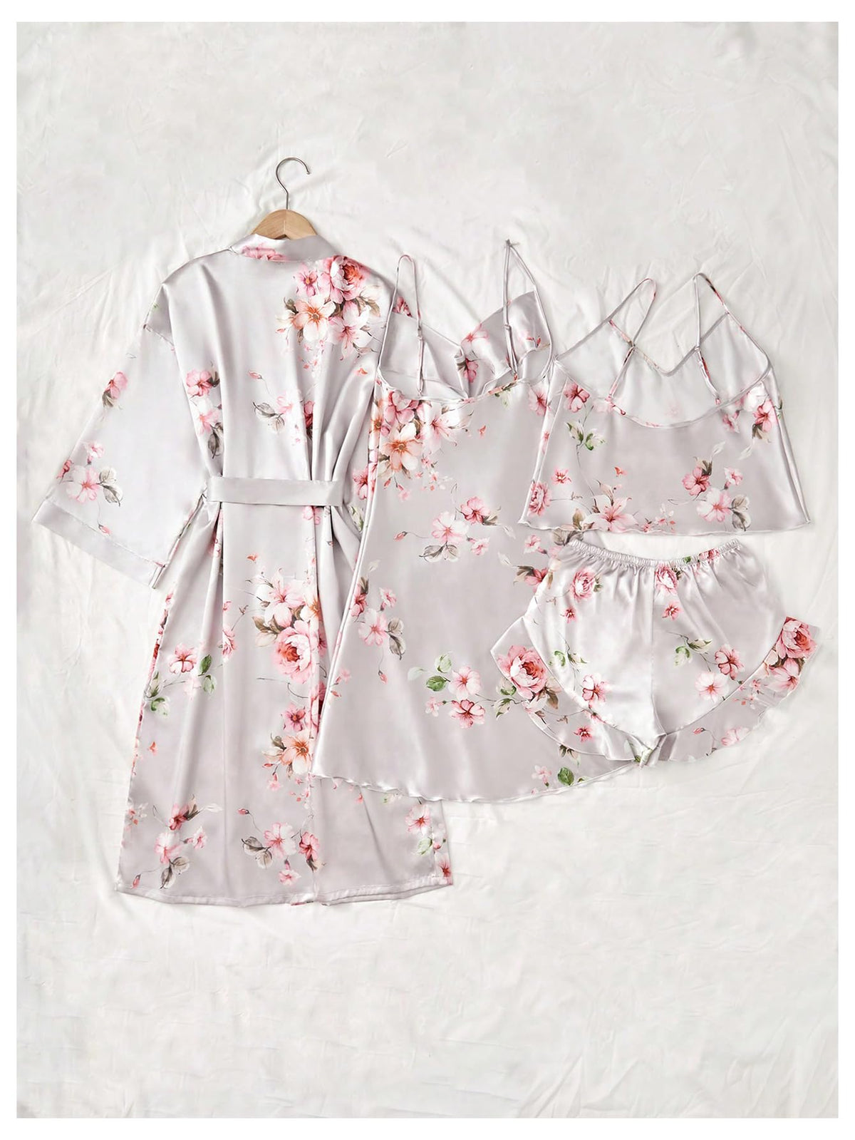 GORGLITTER Women's 5 Piece Floral Print Satin Pajama Set Nightgown Robe Cami Shorts Sleepwear with Storage Bag