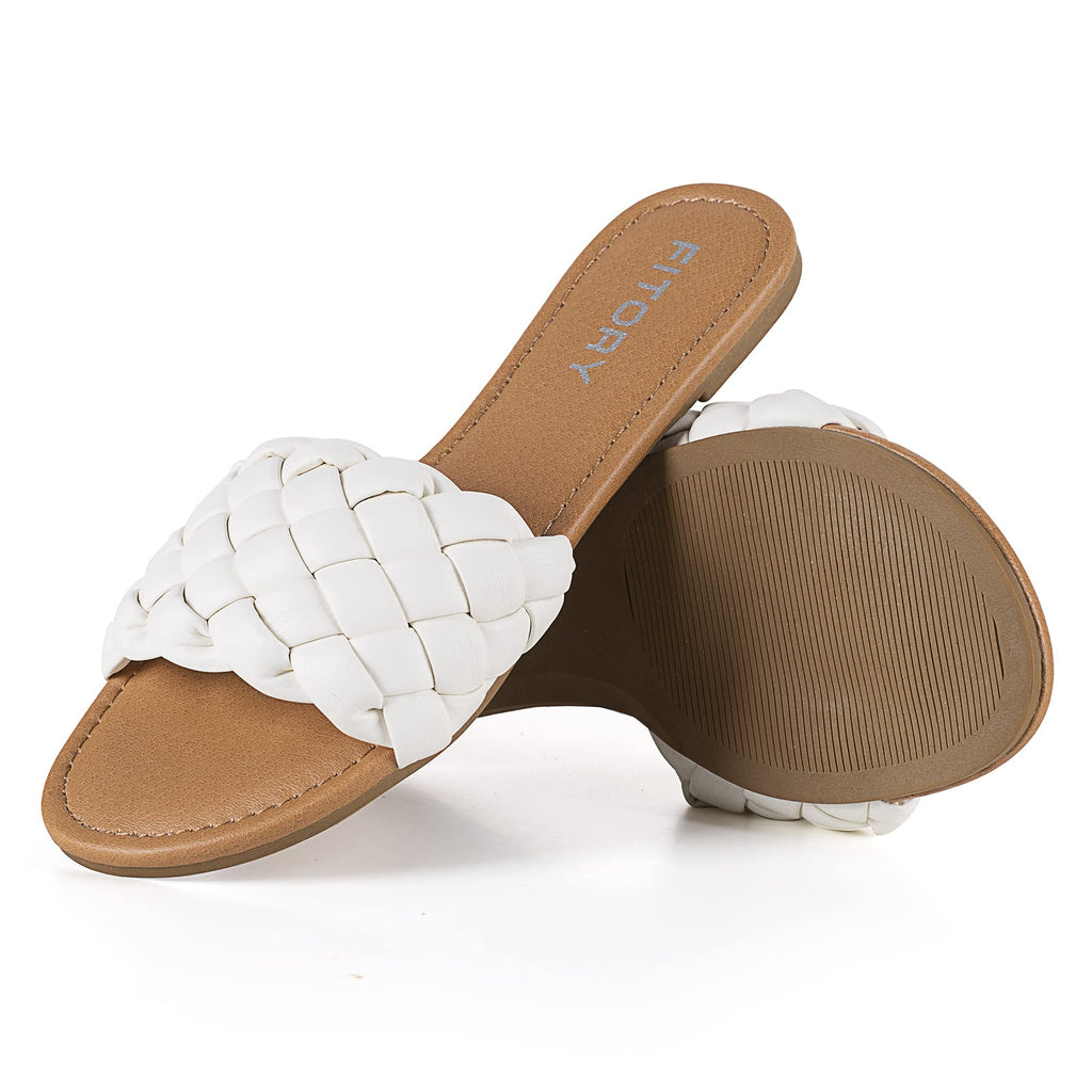 FITORY Womens Flat Sandals Fashion Round Open Toe Slip On Slides with Braided Strap Slippers for Summer Size 6-11