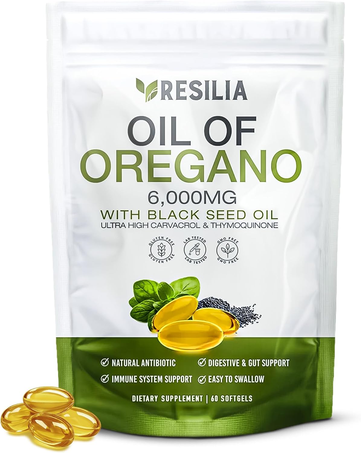 Resilia Softgels with Black Seed Oil 6000mg – Organic Oregano Oil Capsules for Immune & Digestive Support – Non-GMO, Gluten-Free Softgels – Natural Herbal Wellness Supplement (60 Count)