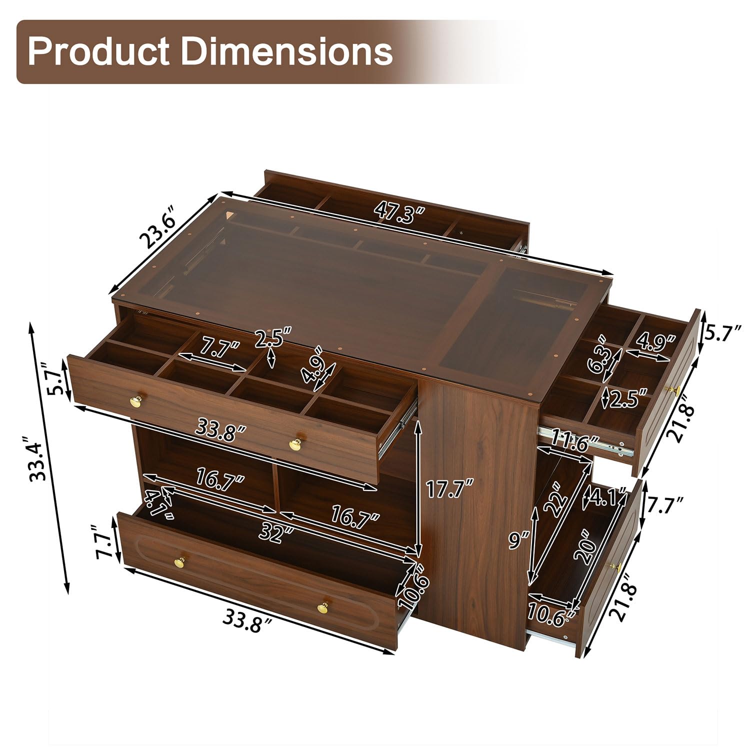 Closet Island with Glass Top and 6 Drawers, Walnut & White Bedroom Storage Island with Open Shelves, Walk-in Wardrobe Dresser Cabinet for Closet, Fitting Room, or Retail Display,White