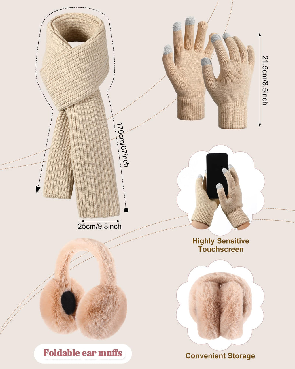 Geyoga 6 Pcs Winter Warm Set for Women Warm Beanies Hats Touchscreen Gloves Long Scarf Ear Muffs Socks Winter Gifts for Women