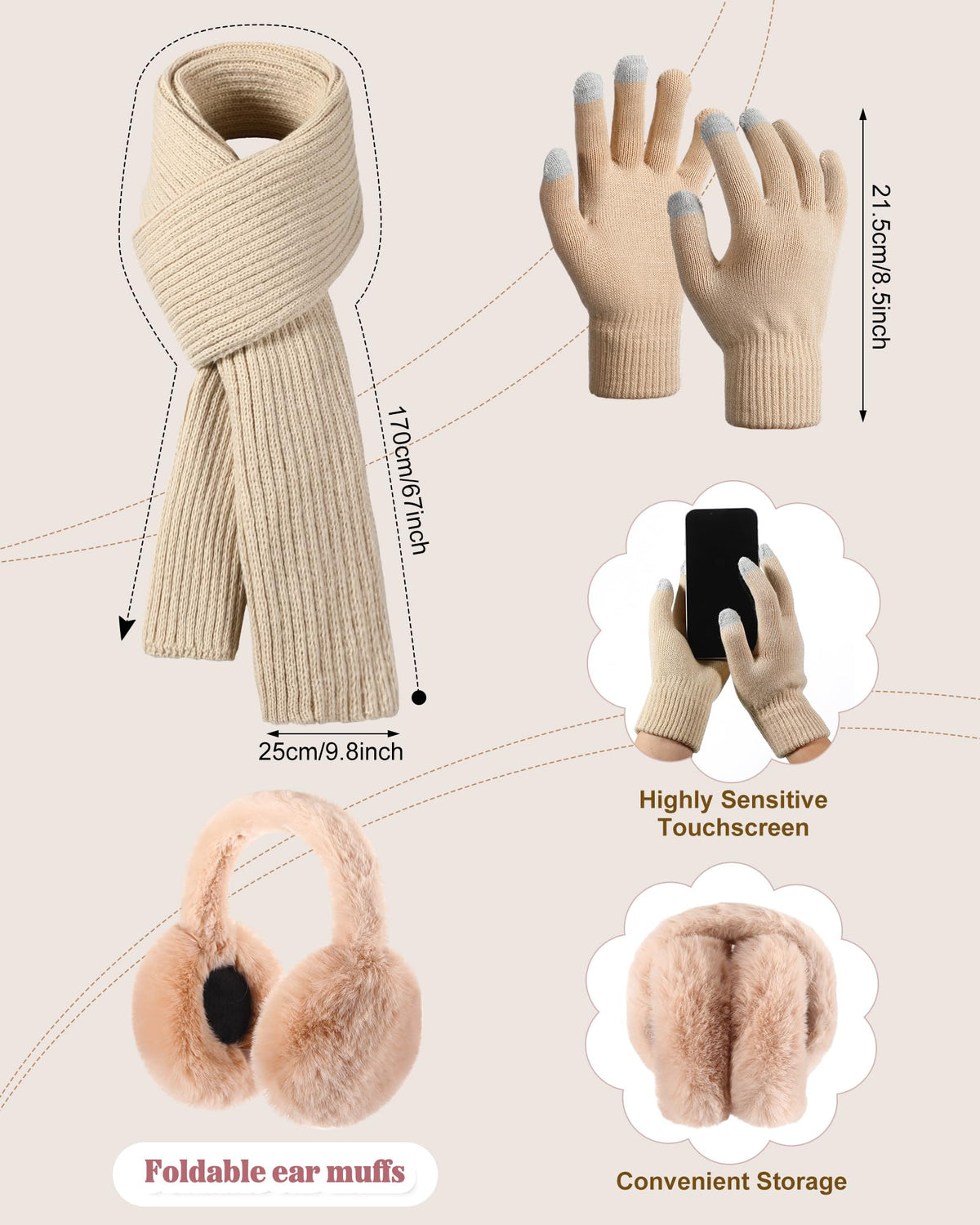Geyoga 6 Pcs Winter Warm Set for Women Warm Beanies Hats Touchscreen Gloves Long Scarf Ear Muffs Socks Winter Gifts for Women