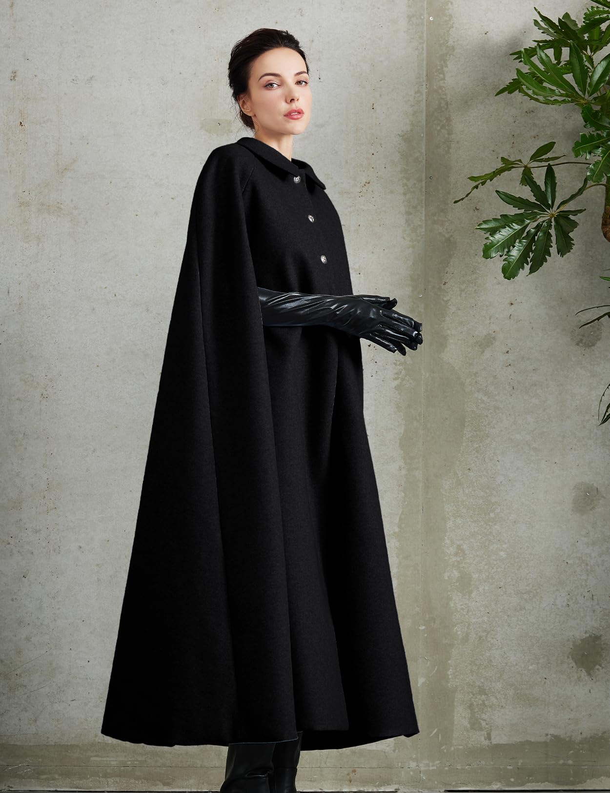Women Wool Blend Single-Breasted Cape Coat Vintage Jacket Outwear with Pockets for Fall Winter
