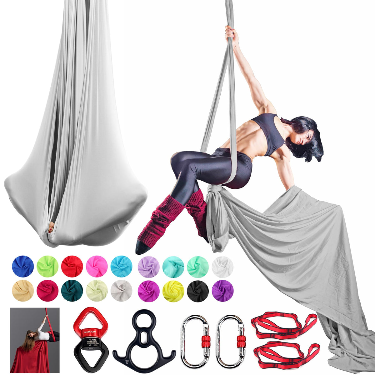Aerial Silks Set, Premium Ariel Yoga Hammock 9 Yards Aerial Silk, Low-Stretch Fabric, Yoga Starter Kit for Home, Aerial Rig for All Skill Levels - All Hardware Included