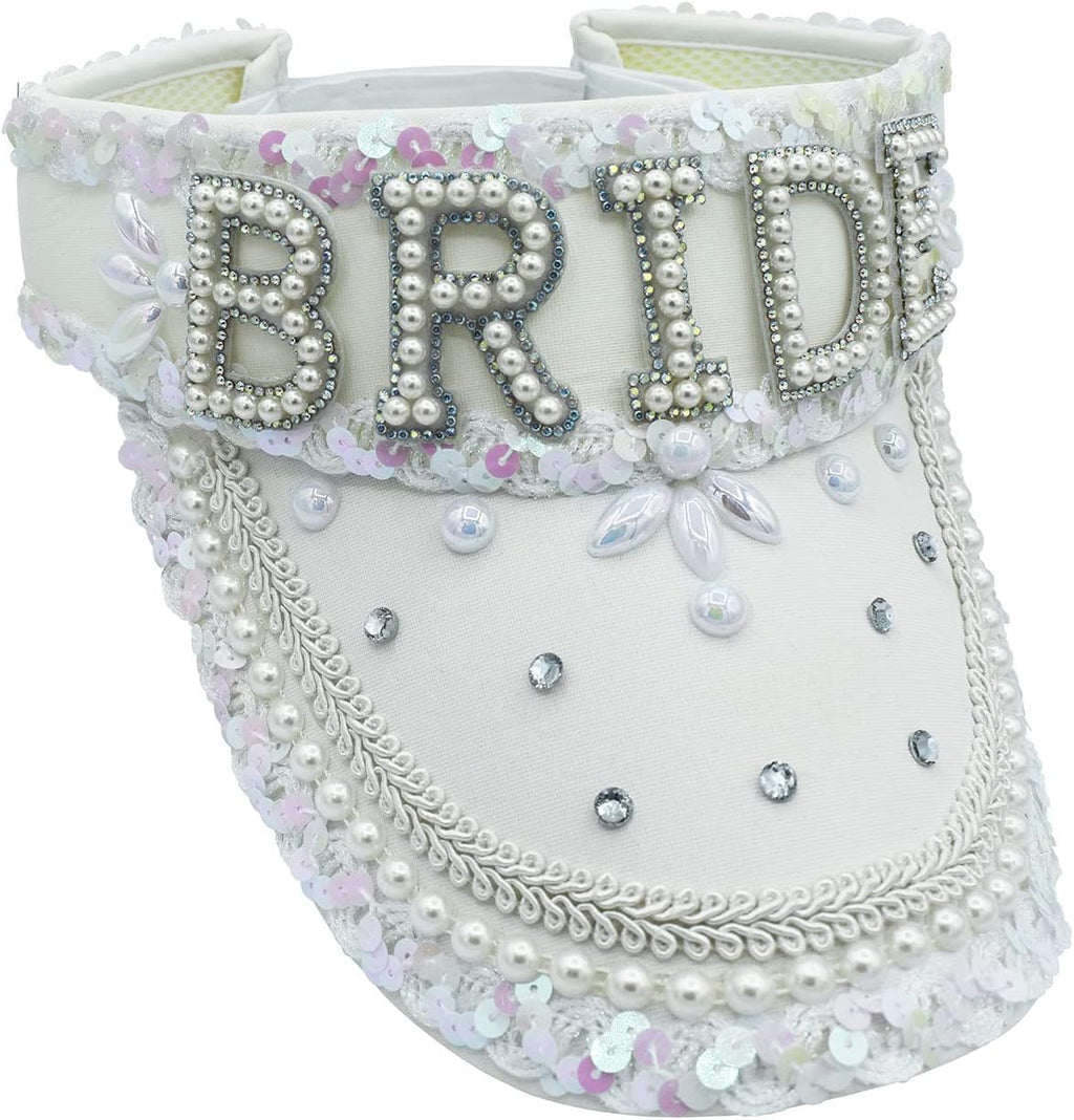 Nicky Bigs Novelties Bride Sun Visor with Detachable Veil Cream White Bachelorette Hat with Sequins Pearls & Rhinestones Adjustable Party Cap for Beach Wedding Festival or Cosplay