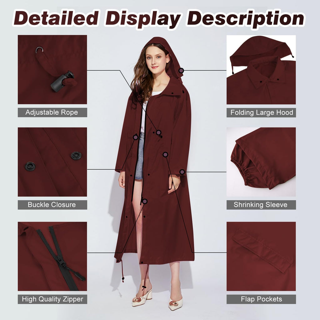 LAMA Womens Long Raincoats Rain Jacket Waterproof Packable Hooded Windbreaker Lightweight Adjustable Waist for Outdoor