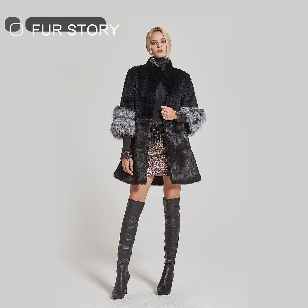 Fur Story Women's Genuine Rabbit Fur Coat With Fox Fur Cuffs Warm Winter Coat Black Long Jacket