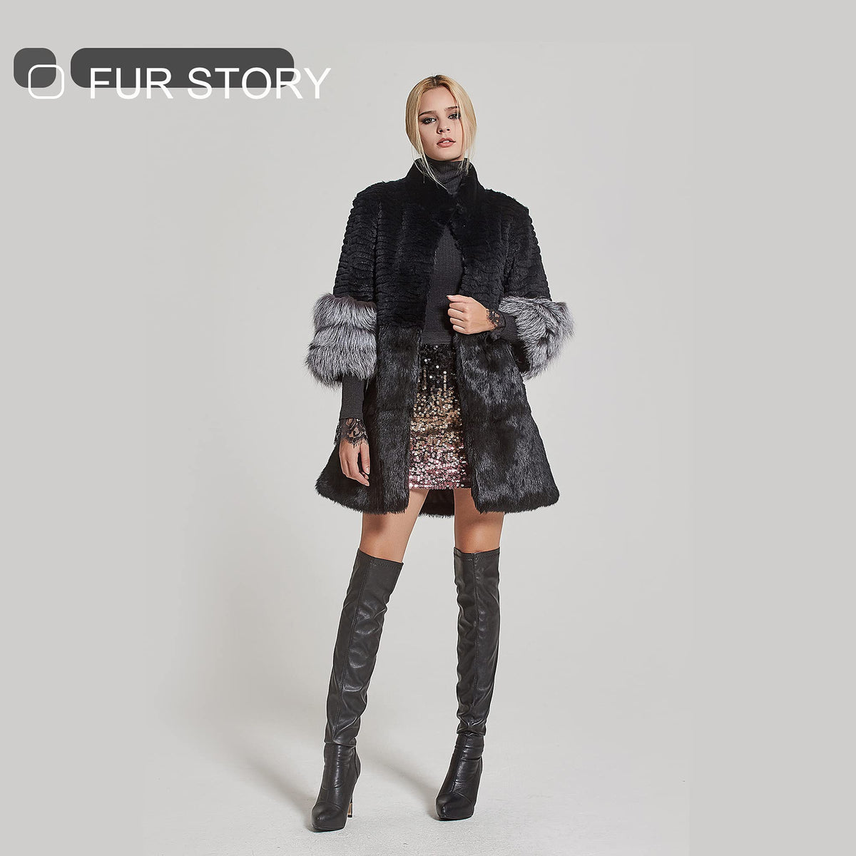 Fur Story Women's Genuine Rabbit Fur Coat With Fox Fur Cuffs Warm Winter Coat Black Long Jacket