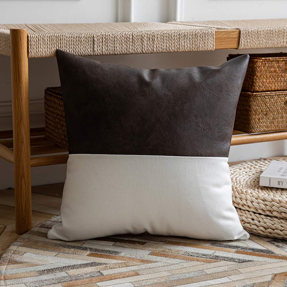 DEZENE Leather Throw Pillow Covers, Set of 2 Modern Leather/Cotton Decorative Pillowcases for Home Decor Bedroom Living Room Couch Bed Sofa, 18x18 Inch, Cognac-Brown and White