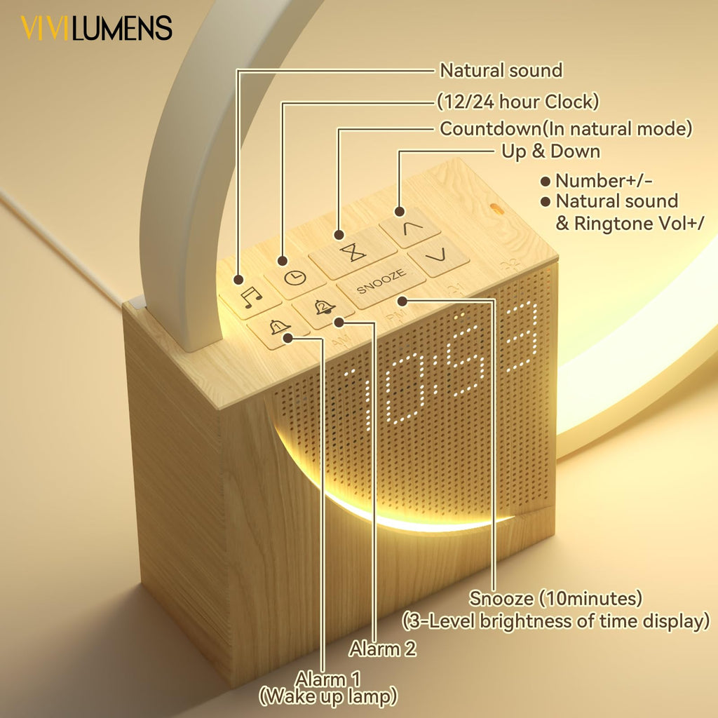 Vivilumens Sunrise Alarm Clock for Heavy Sleepers Adults, Wake-up Light, Sleep Aid 10 White Noise Sound Machines with 30/60/90 Timer, 3 Level Dimmable Touch Table Lamp with Snooze USB Charger Port