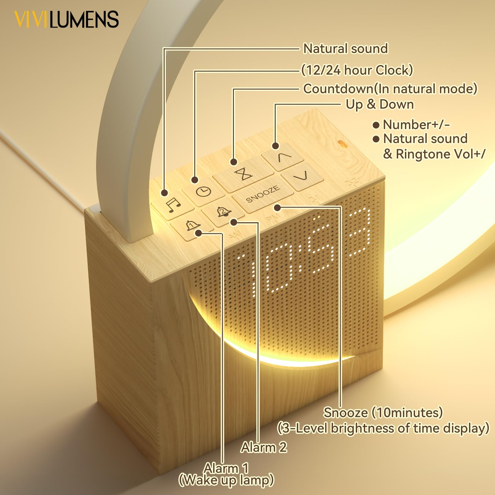 Vivilumens Sunrise Alarm Clock for Heavy Sleepers Adults, Wake-up Light, Sleep Aid 10 White Noise Sound Machines with 30/60/90 Timer, 3 Level Dimmable Touch Table Lamp with Snooze USB Charger Port