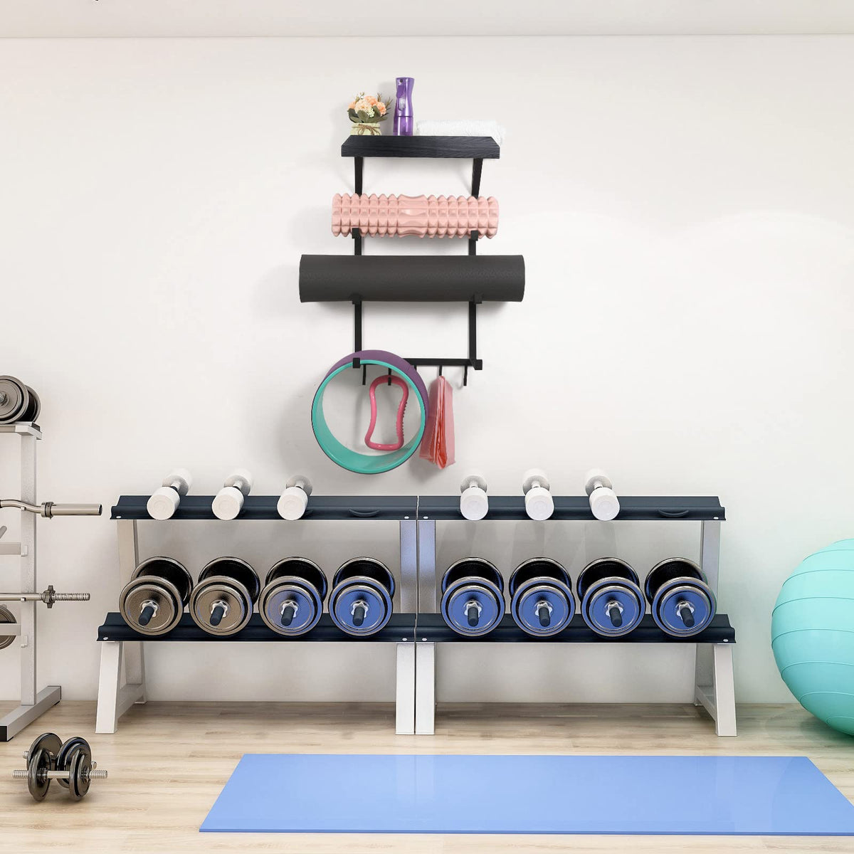 Yoga Mat Holder Wall Mount,17" x 28" Yoga Mat Rack Home Gym Accessories, Storage for Foam Roller, with Wood Floating Shelves and 5 Hooks for Hanging Yoga Strap and Resistance Bands