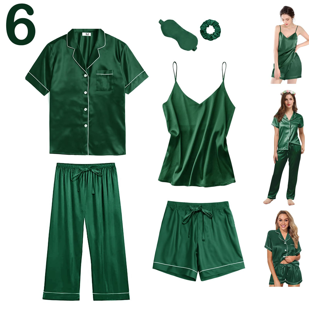 6Pcs Womens Silk Satin Pajama Sets Pj Sets Short Pjs Set Pajamas Sleepwear Camisole Sexy Cami