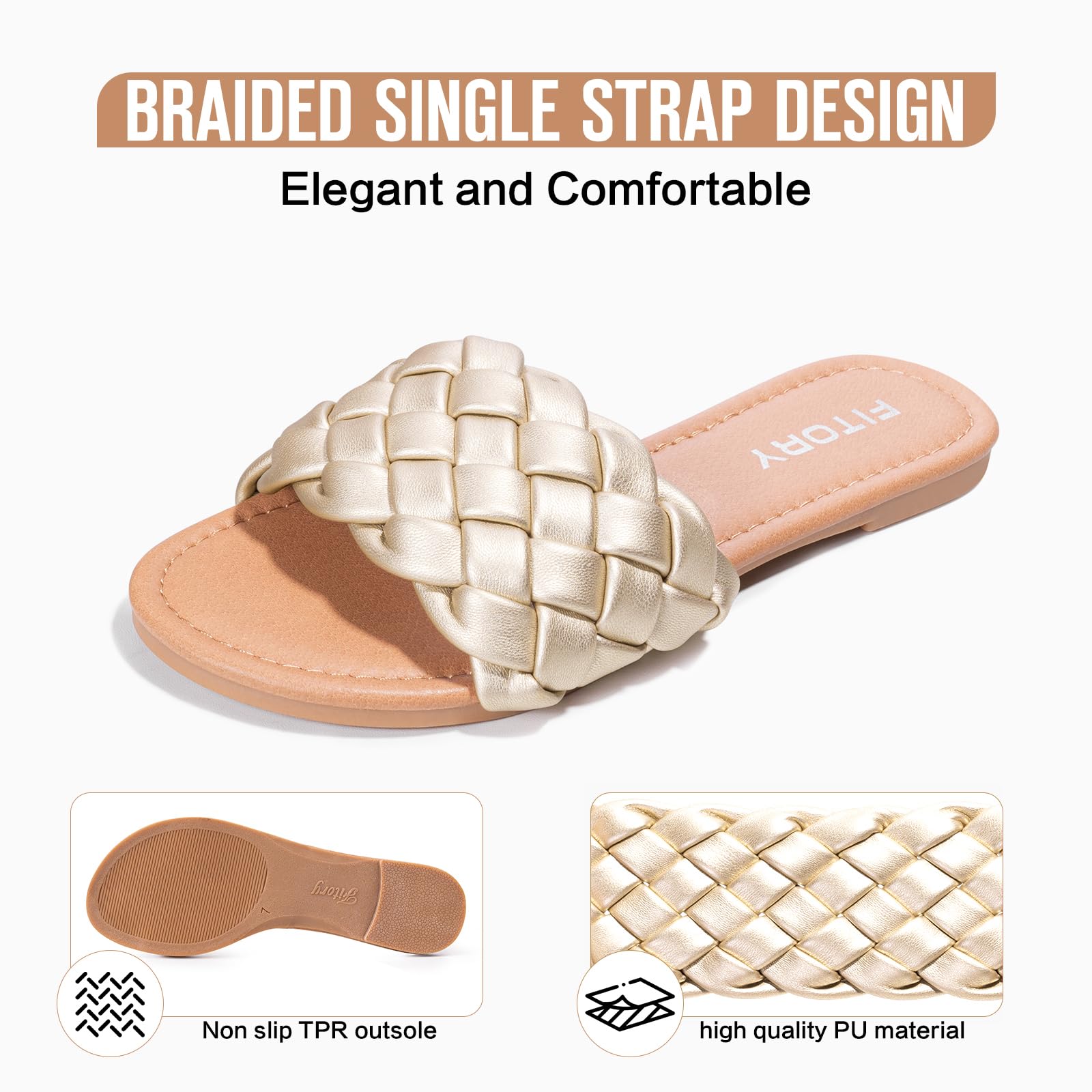 FITORY Womens Flat Sandals Fashion Round Open Toe Slip On Slides with Braided Strap Slippers for Summer Size 6-11
