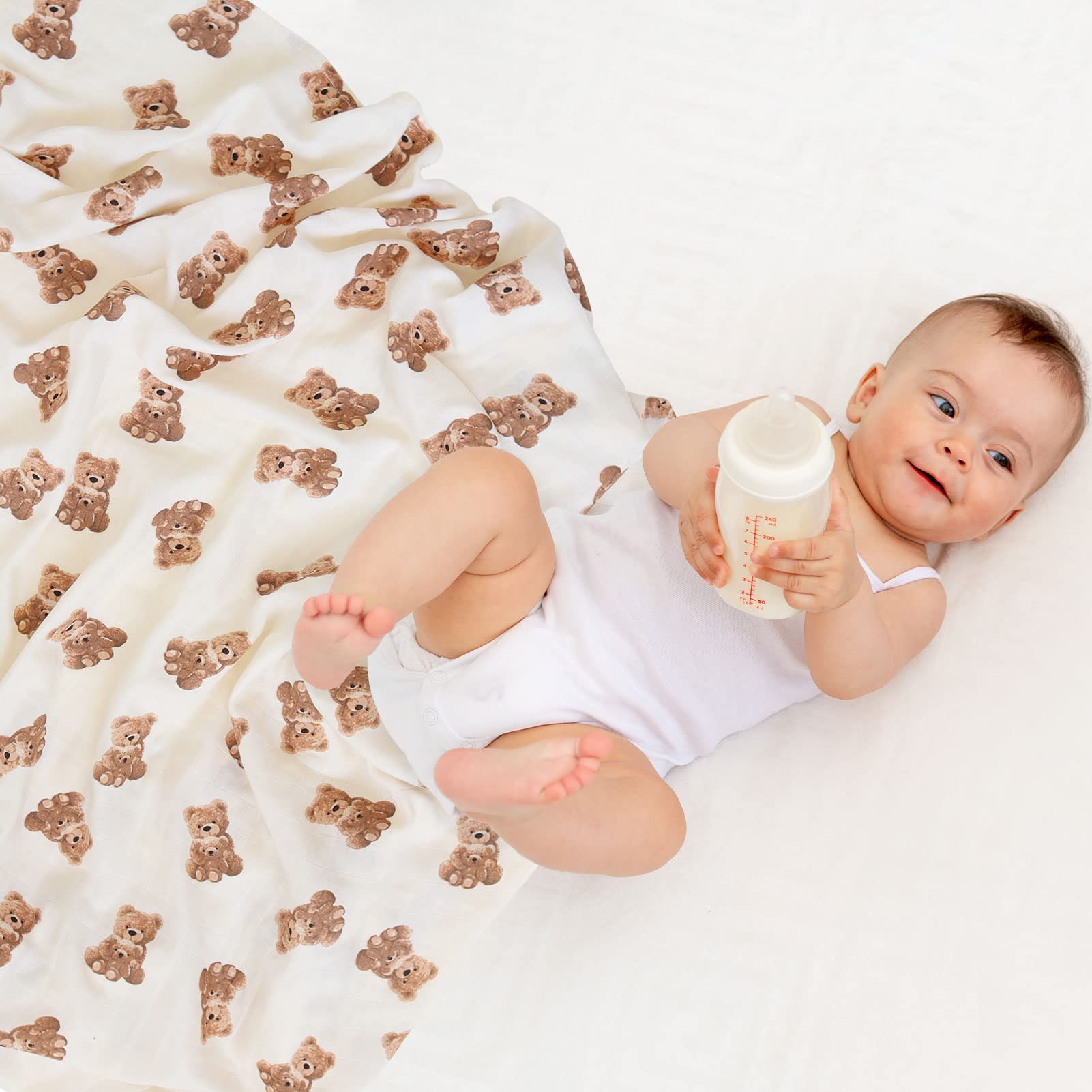 LifeTree Muslin Swaddle Blankets, Baby Swaddling Wrap Nursery Blanket Unisex, Soft 70% Viscose from Bamboo and 30% Cotton, Large 47 x 47 inches, Bear & Checkered Swaddle Blanket