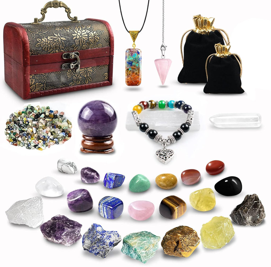 Healing Crystals Set, 28 Pcs Crystals and Healing Stones 7 Chakra Kits Obsidian Real Spiritual Protection Natural Reiki Energy Meditation Crystals for Beginners Wooden Box, Crystal Gifts for Women