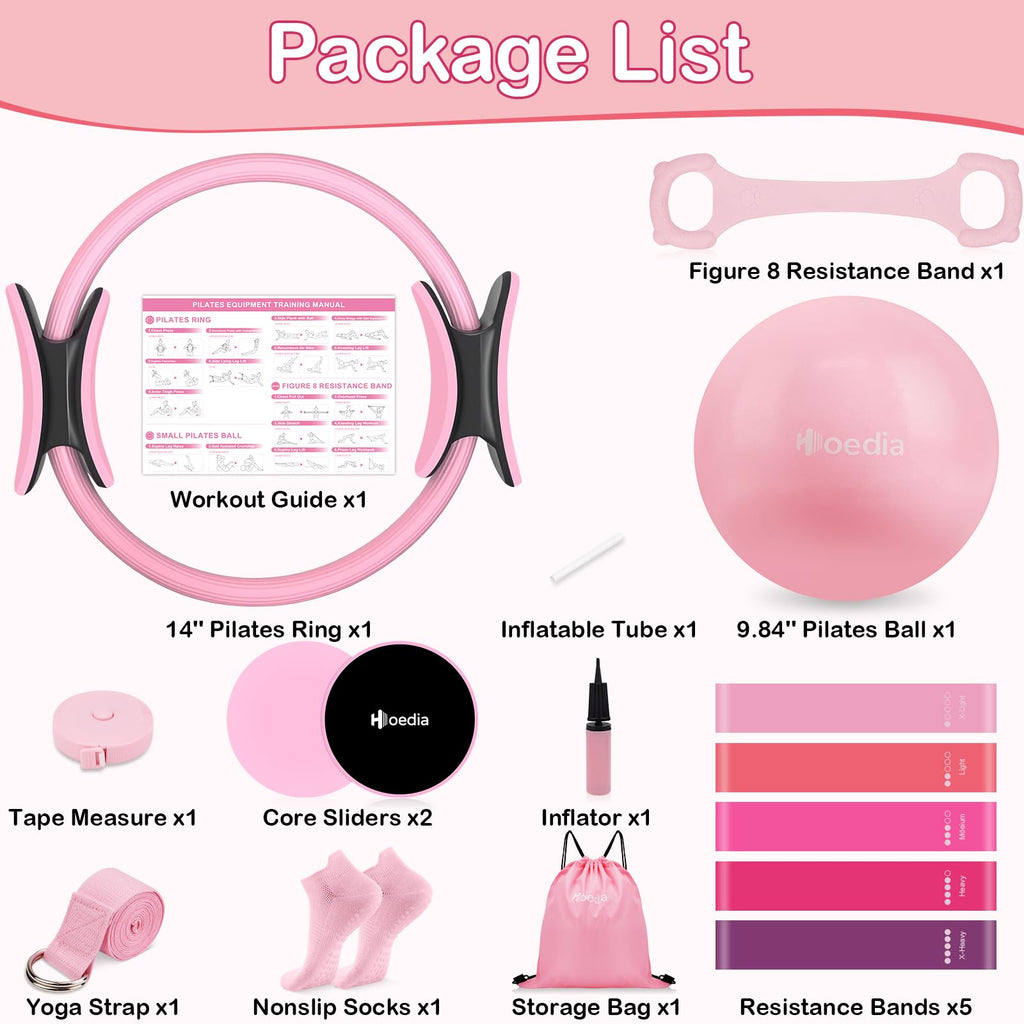 Hoedia 17 PCS Pilates Kit for Women, Pilates Equipment Ring and Ball Set with Resistance Bands, Yoga Strap, Core Sliders, Socks, Bag & Guide for Starter Home Workout Fitness Gym Essentials
